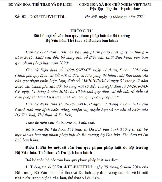 BỘ VHTTDL BÃI BỎ MỘT SỐ VĂN BẢN QUY PHẠM PHÁP LUẬT TỪ NGÀY 01/7/2021
