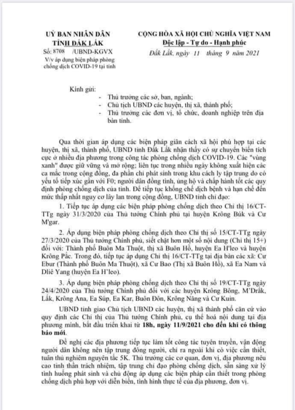 Từ 18 giờ ngày 11-9, áp dụng biện pháp phòng chống dịch COVID-19 mới tại nhiều địa phương