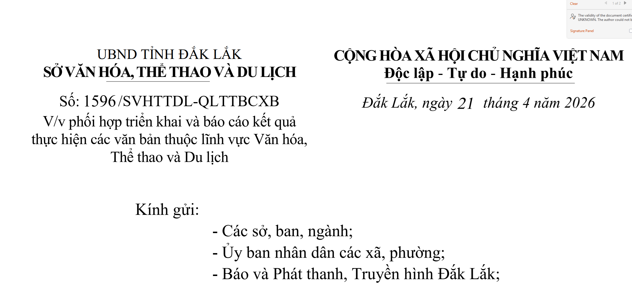 Phối hợp triển khai và báo cáo kết quả thực hiện các văn bản thuộc lĩnh vực Văn hóa, Thể thao và Du lịch